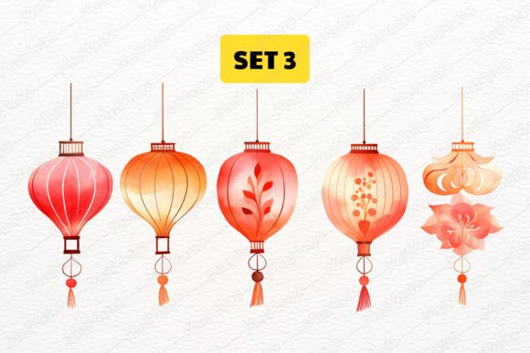 Download Watercolor Oriental Lantern Clipart Set - Water Collection