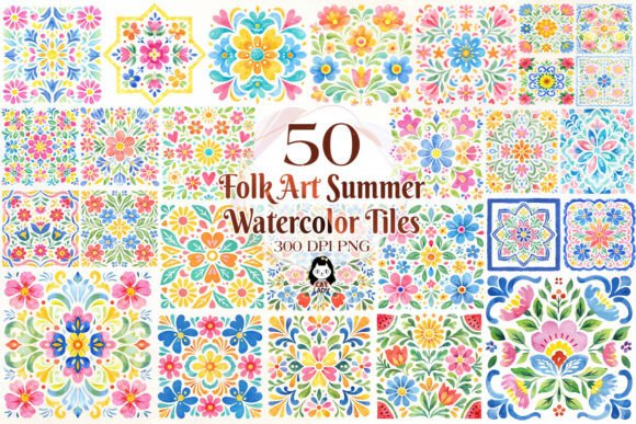 Download Abstract Folk Art Summer Watercolor Tile - Water Collection