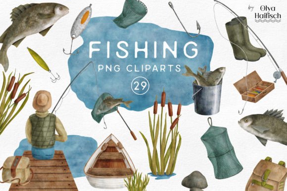 Download Watercolor Fishing Tackle Clipart Set - Water Collection