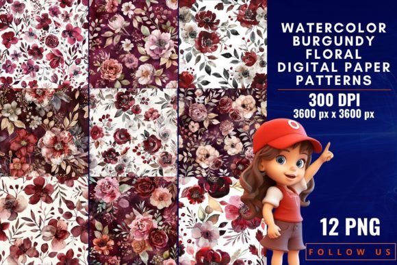 Download Watercolor Burgundy Floral Digital Paper - Water Collection